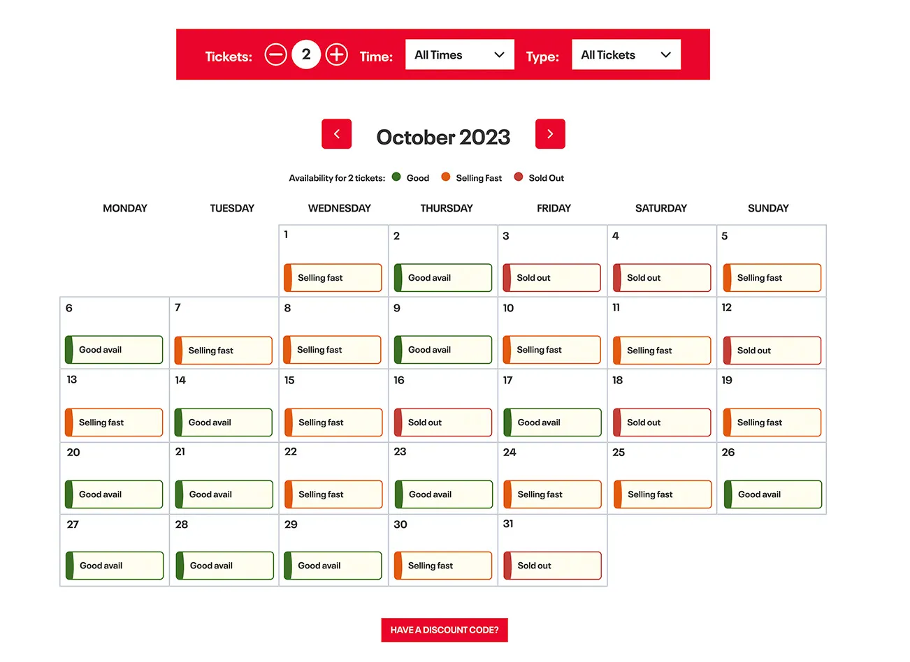 TickX Booking Flow Calendar Layout