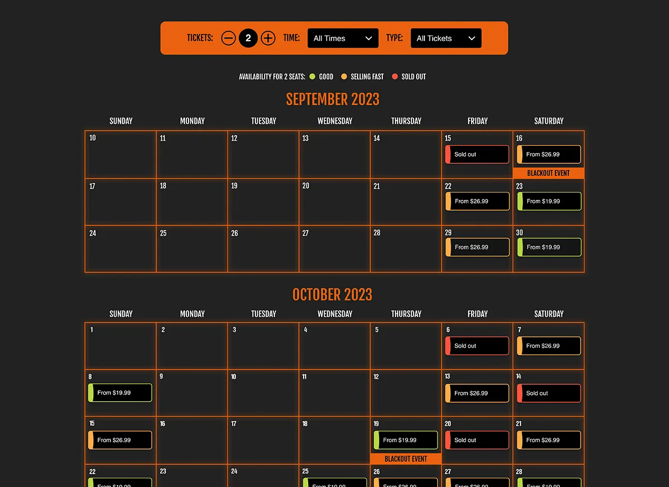 TickX Booking Flow Multi-Month Calendar Layout