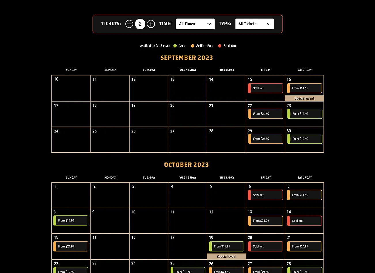 TickX Booking Flow single view, multi-month calendar