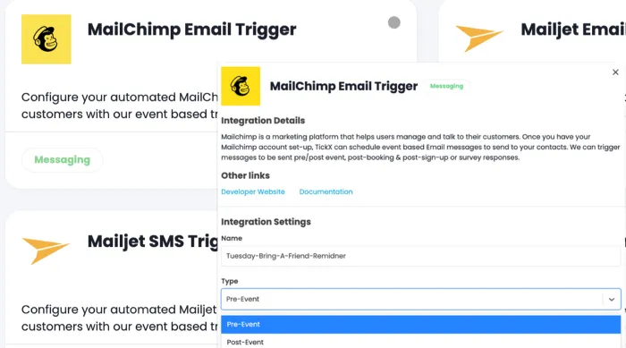 Email Marketing automation triggers TickX Mailchimp
