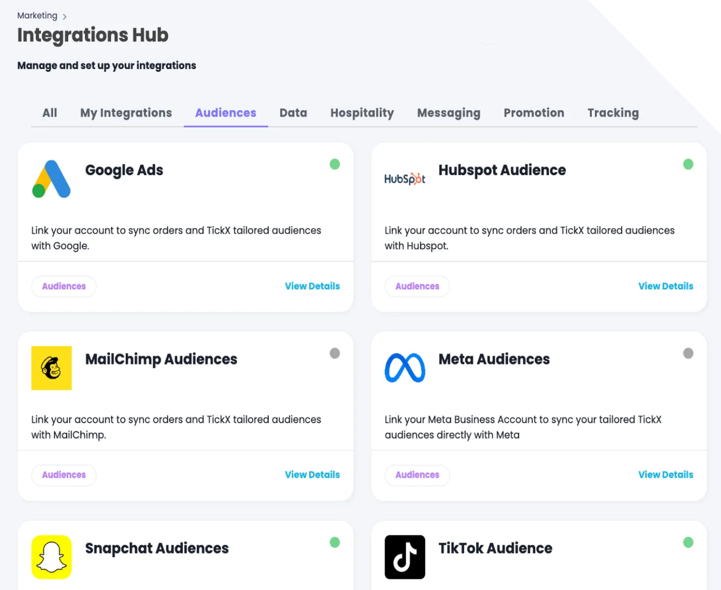 Integrations hub martech TickX