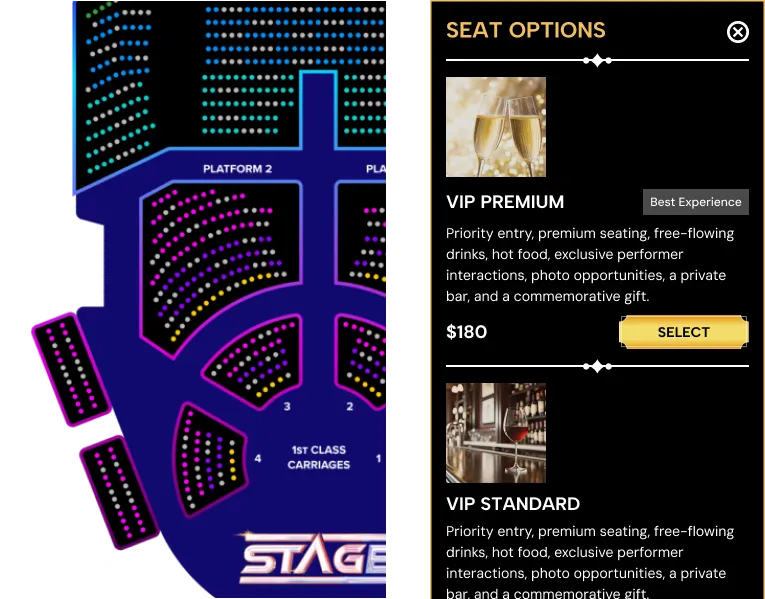 interactive seatmaps and dynamic experience upgrade options